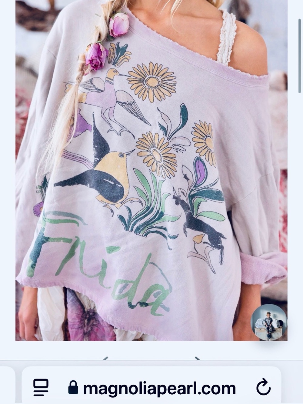 Magnolia Pearl Lavender Off-Shoulder Bird & Daisy Print Sweatshirt